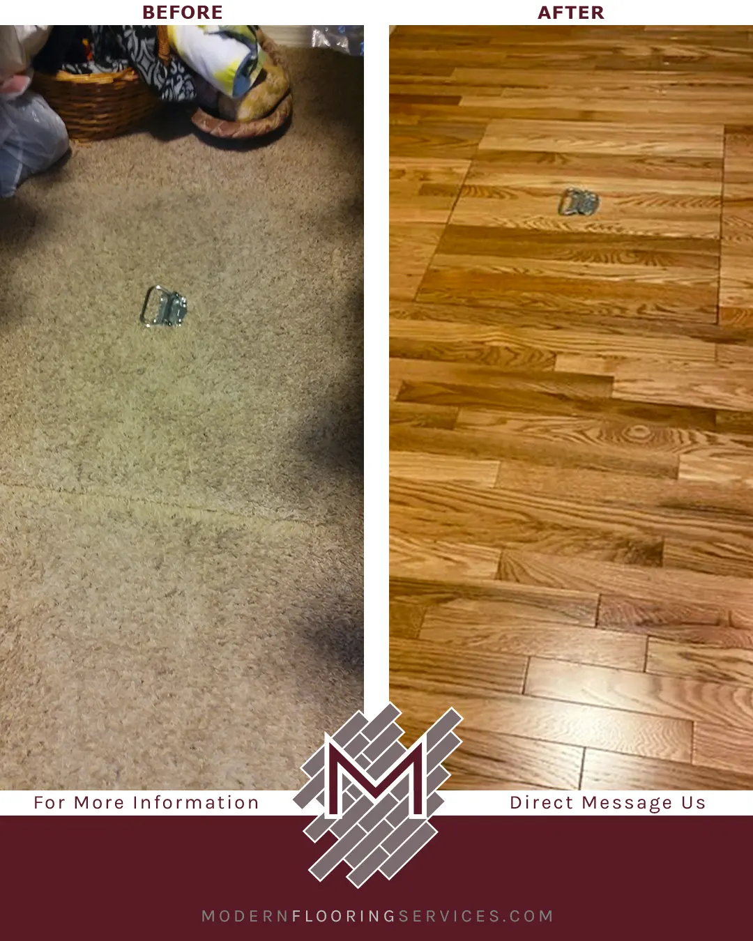 Before and After. Bellawood Character Red Oak Solid Hardwood Flooring Installation.
