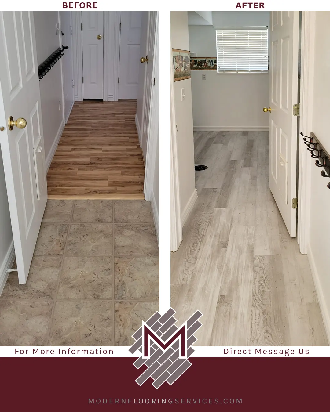 Before and After. New Point Coastal Pine Waterproof Rigid Vinyl Plank Flooring Installation.
