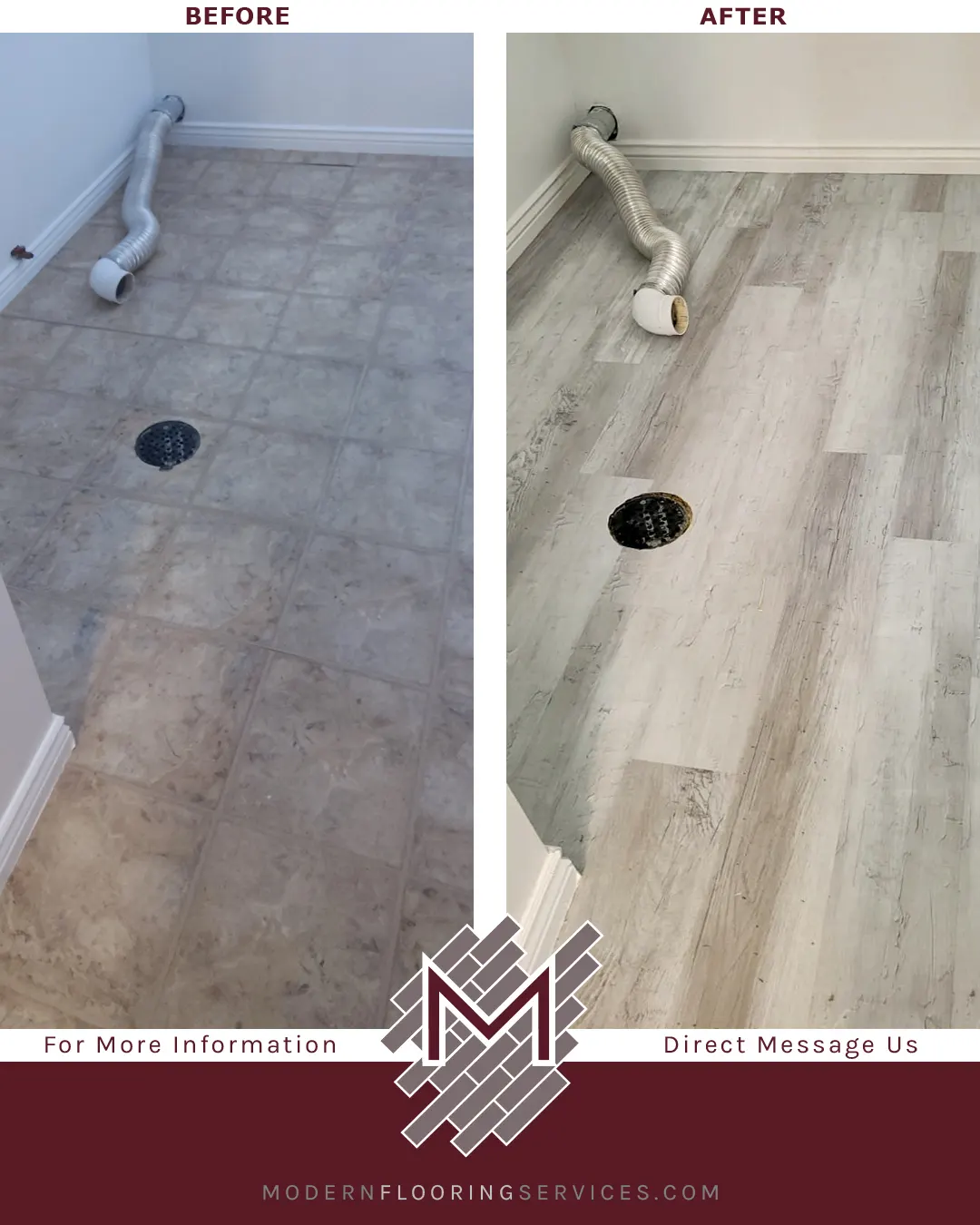 Before and After. New Point Coastal Pine Waterproof Rigid Vinyl Plank Flooring Installation.