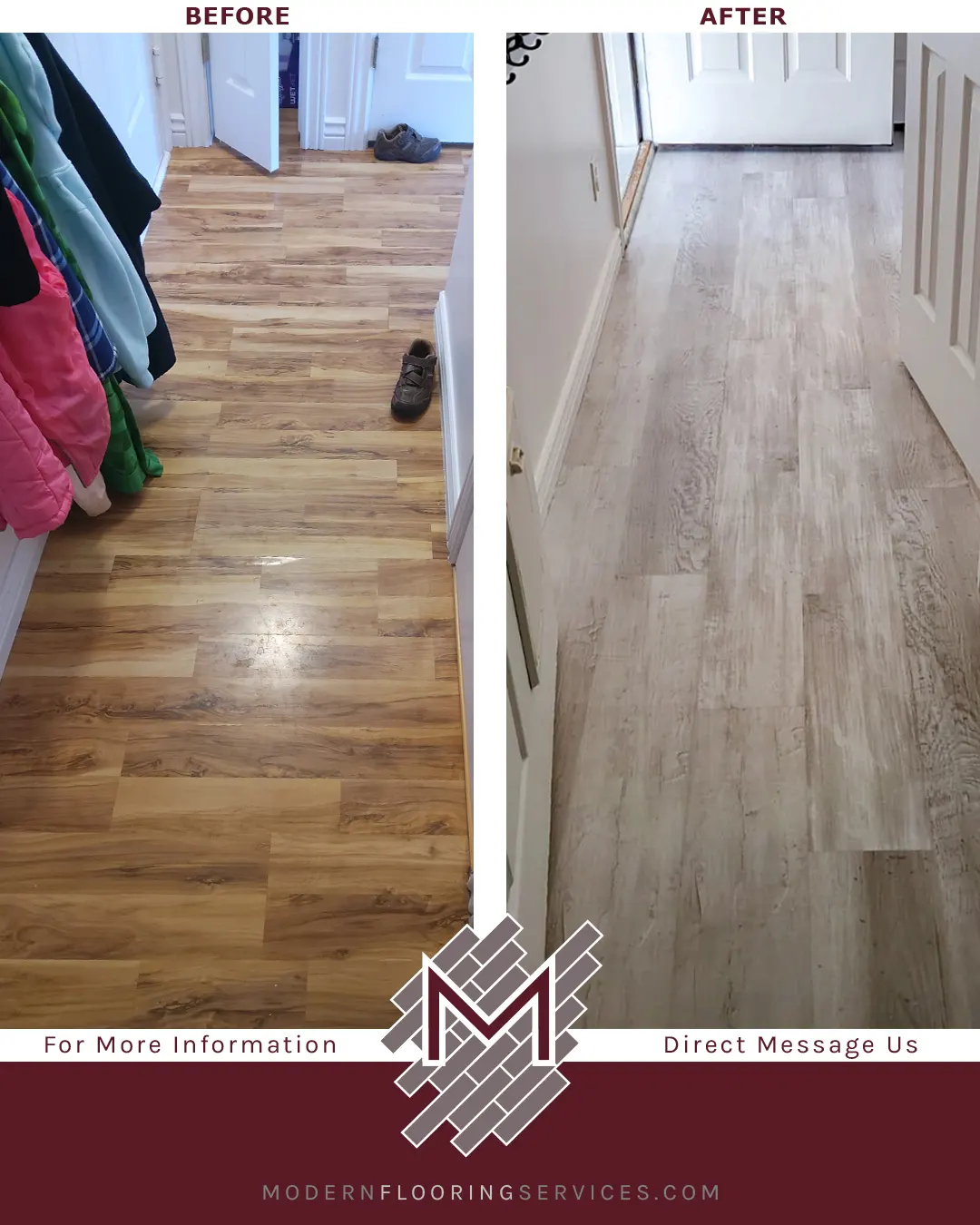 Before and After. New Point Coastal Pine Waterproof Rigid Vinyl Plank Flooring Installation.