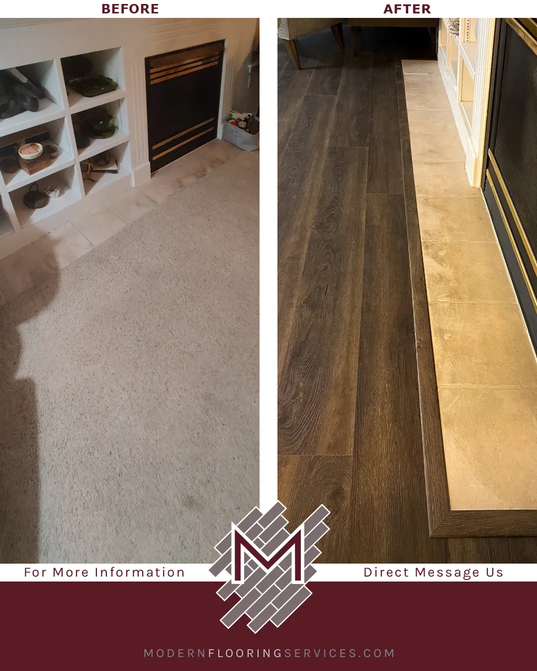 Before and After. Vinyl Plank Flooring Installation.
