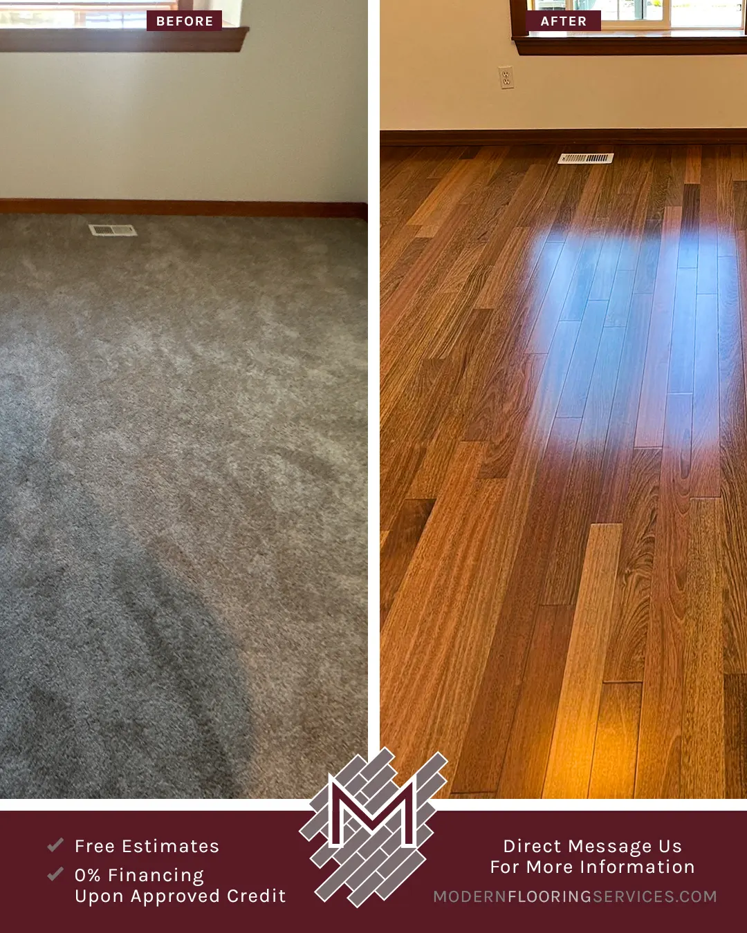 Before and After. Luxurious Brazilian Cherry Solid Hardwood Flooring Installation By Modern Flooring Services.