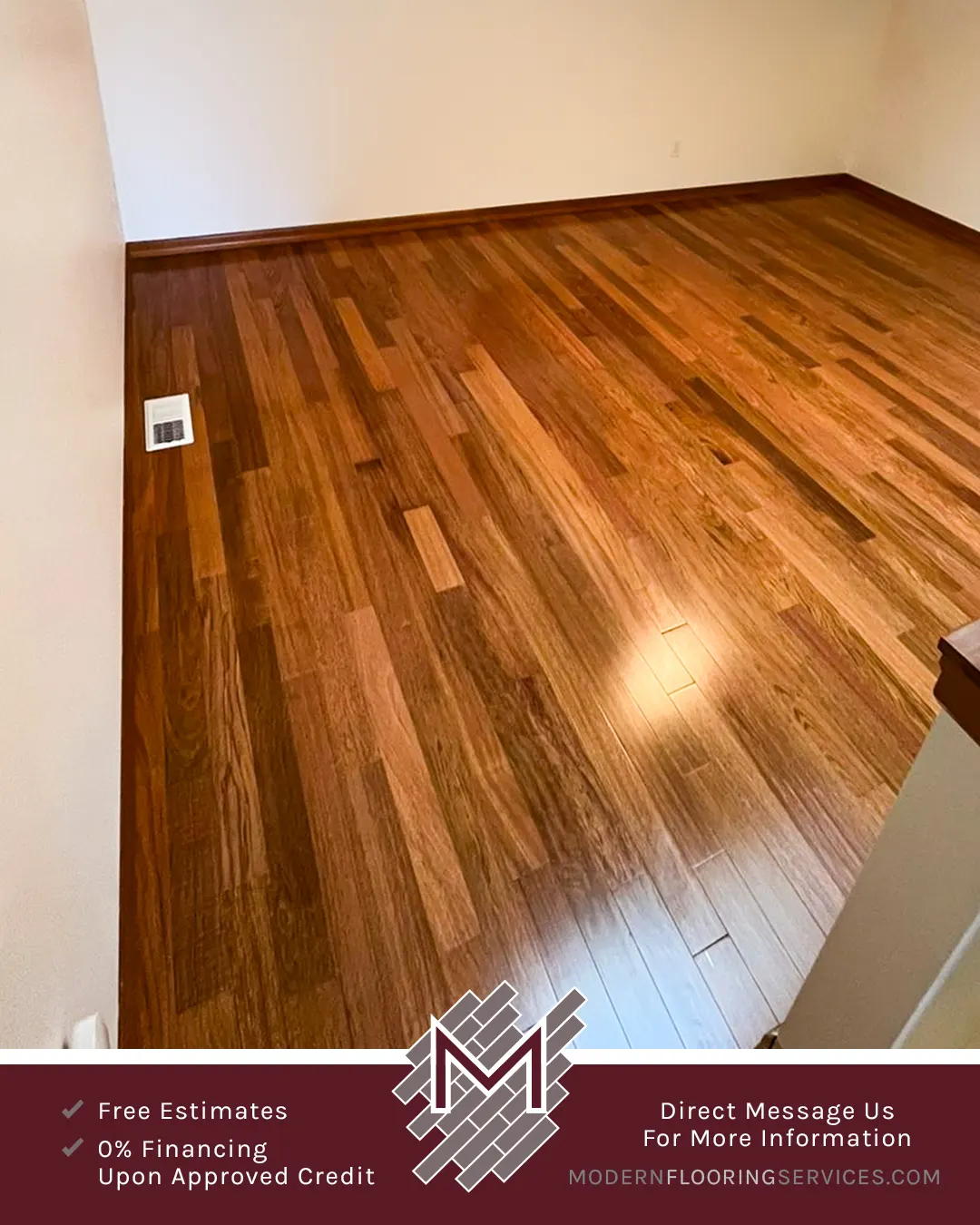 Luxurious Brazilian Cherry Solid Hardwood Flooring Installation By Modern Flooring Services.