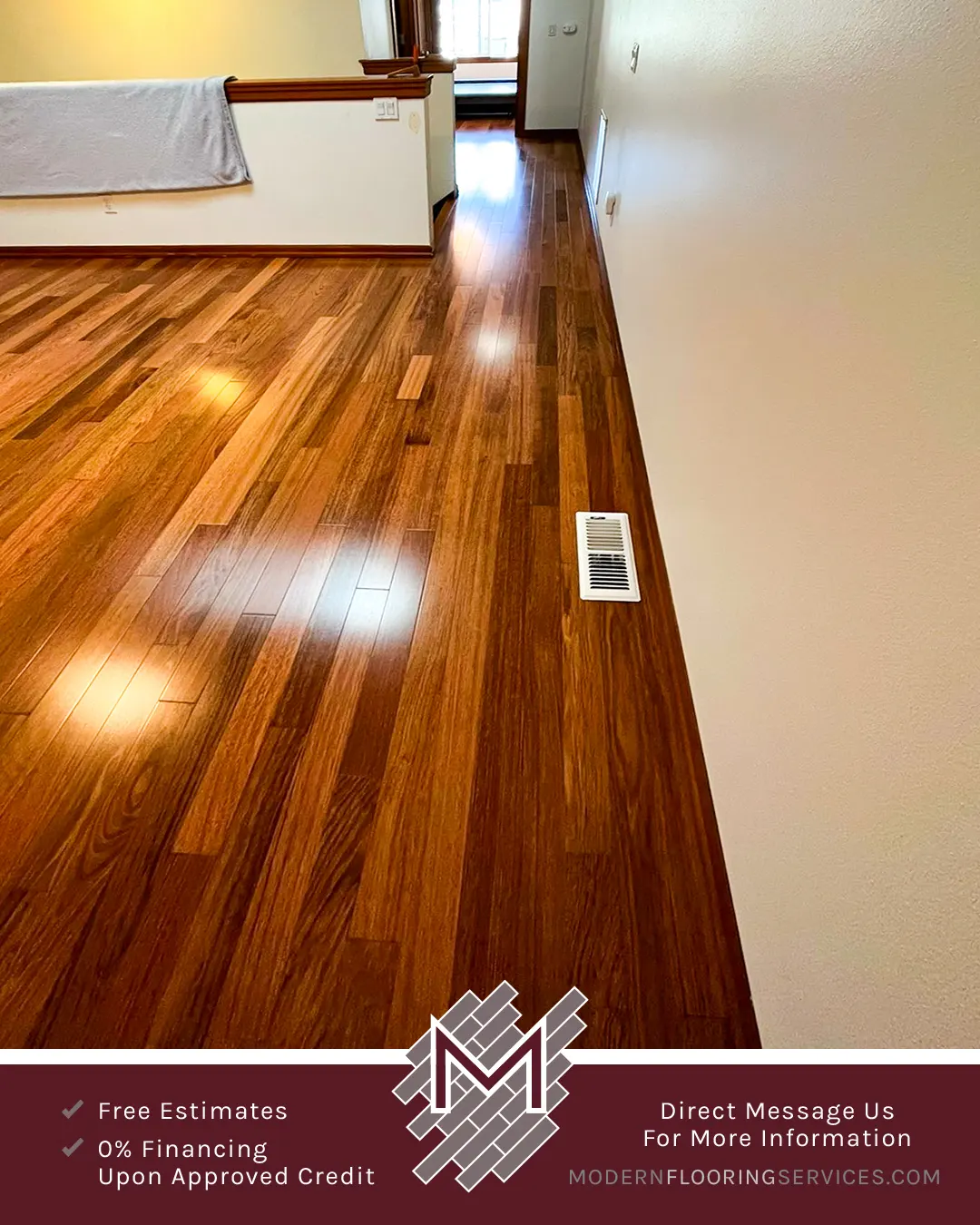 Luxurious Brazilian Cherry Solid Hardwood Flooring Installation By Modern Flooring Services.