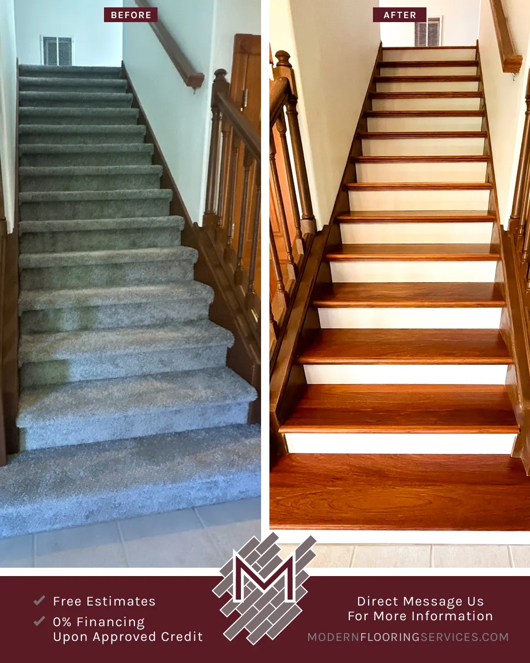 Before and After. Luxurious Brazilian Cherry Solid Hardwood Flooring Installation By Modern Flooring Services.