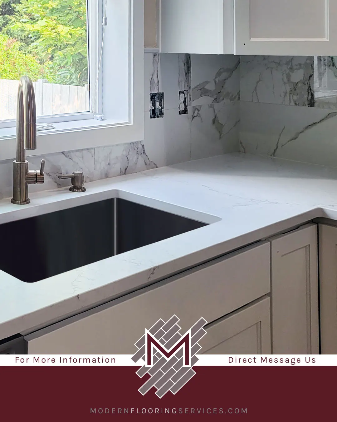 Luxurious Marble-look Kitchen Backsplash Installation.