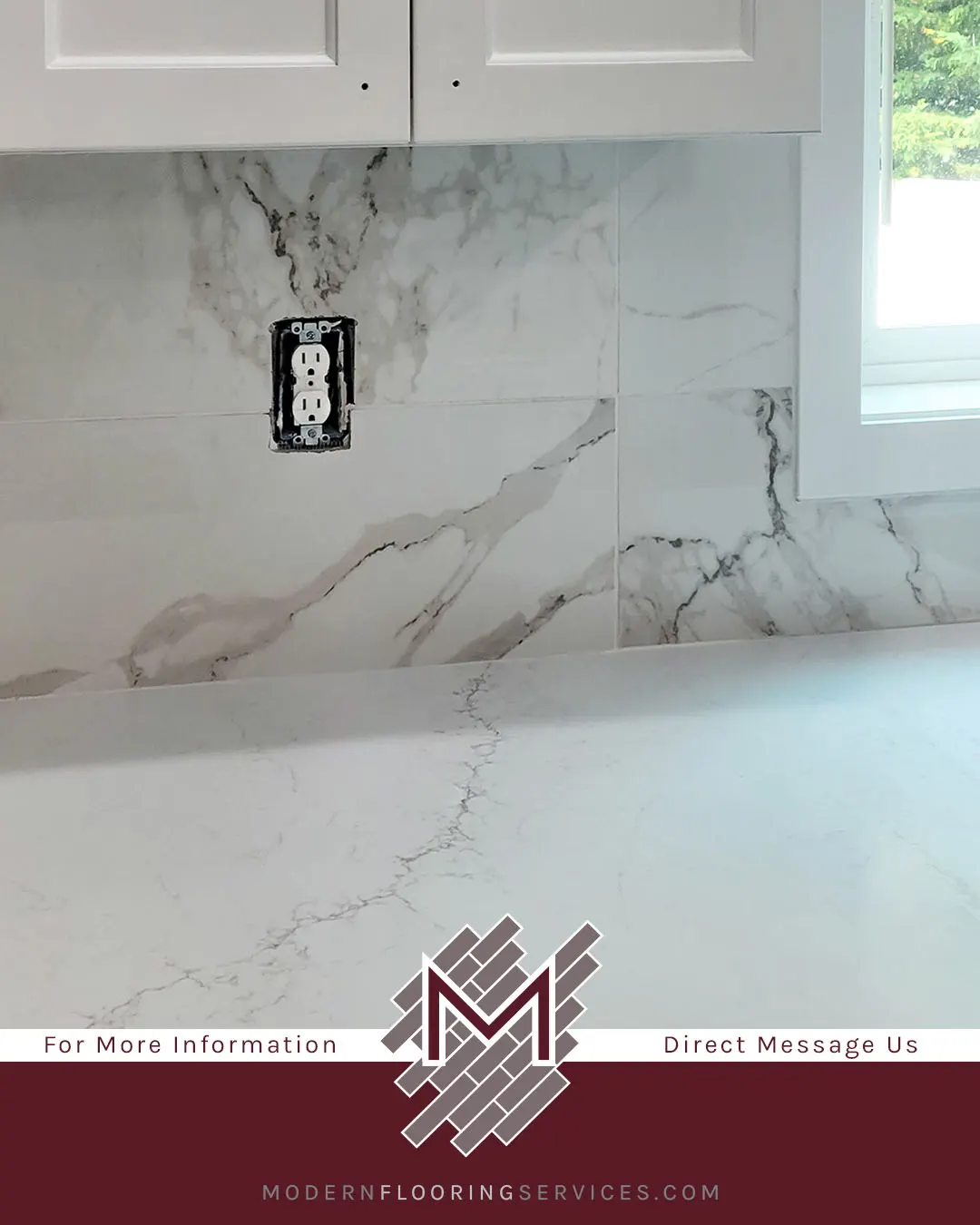 Luxurious Marble-look Kitchen Backsplash Installation.