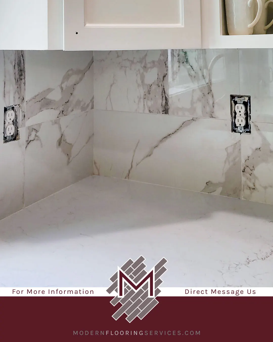Luxurious Marble-look Kitchen Backsplash Installation.