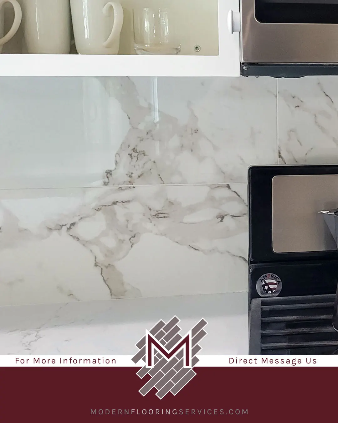 Luxurious Marble-look Kitchen Backsplash Installation.