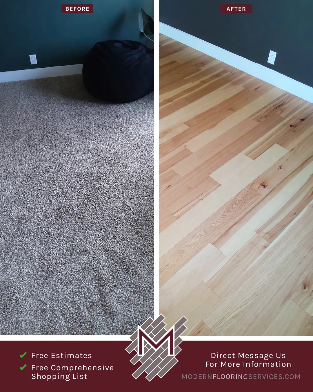 Before and After. Matte Natural Hickory Engineered Hardwood Flooring Installation By Modern Flooring Services.