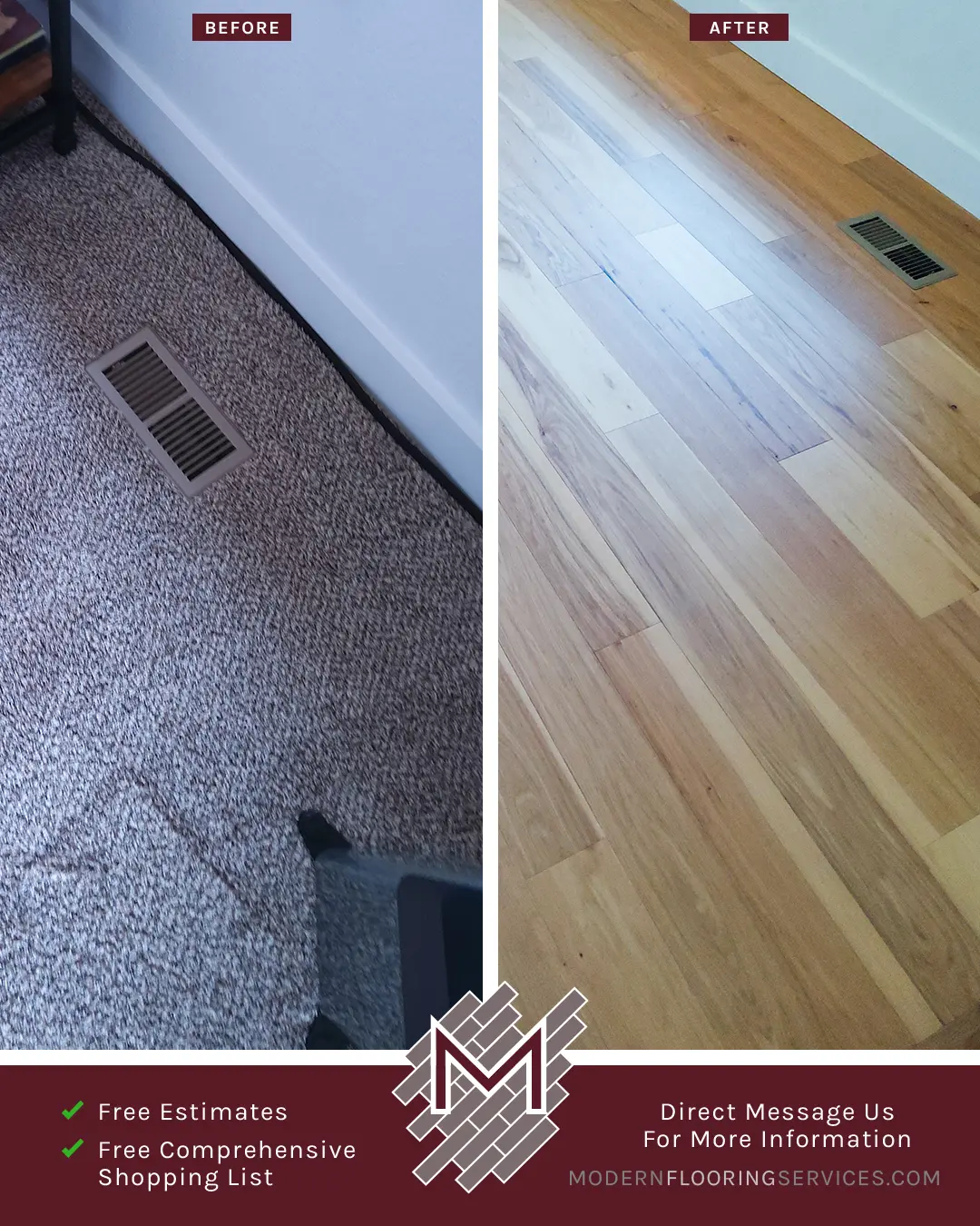 Before and After. Matte Natural Hickory Engineered Hardwood Flooring Installation By Modern Flooring Services.