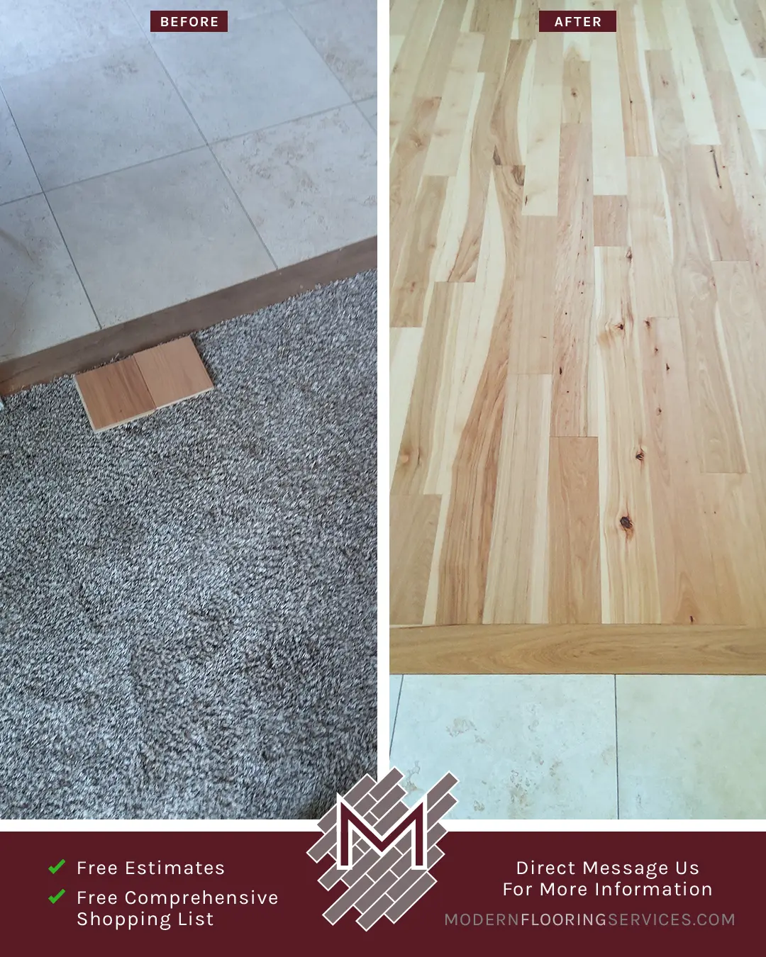 Before and After. Matte Natural Hickory Engineered Hardwood Flooring Installation By Modern Flooring Services.