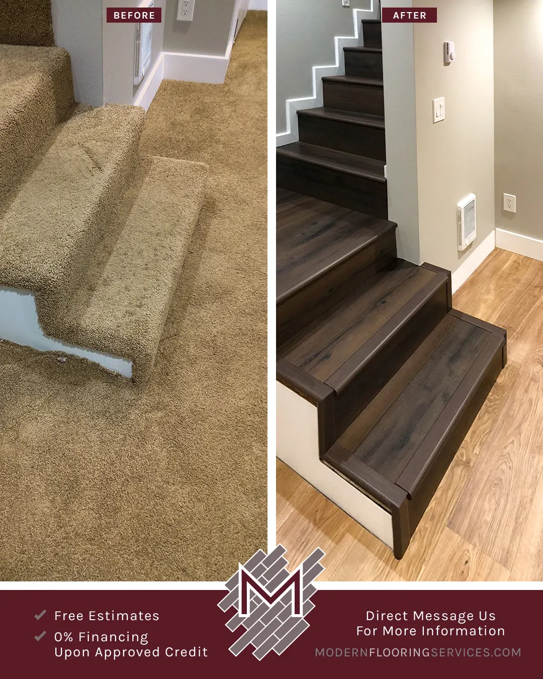 Before and After. Duravana Tacoma Oak Waterproof Hybrid Resilient Flooring and Bay Bridge Oak Waterproof Hybrid Resilient Flooring Installations.