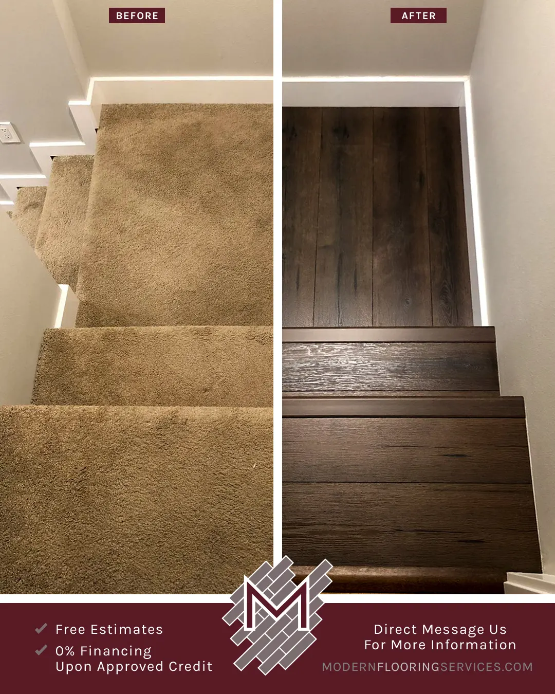 Before and After. Duravana Tacoma Oak Waterproof Hybrid Resilient Flooring and Bay Bridge Oak Waterproof Hybrid Resilient Flooring Installations.