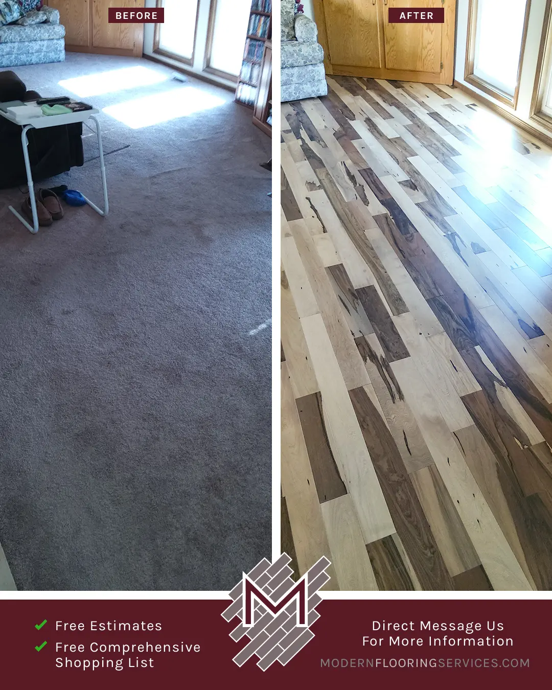 Before and After. Brazilian Pecan Solid Hardwood Flooring Installation By Modern Flooring Services.