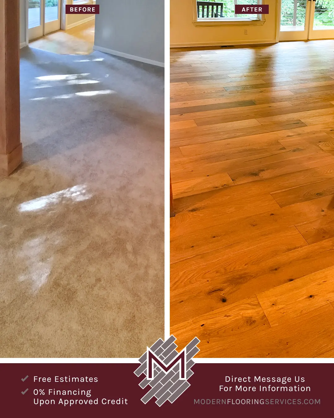 Before and After. Virginia Mill Works Winchester Oak Engineered Hardwood Flooring.