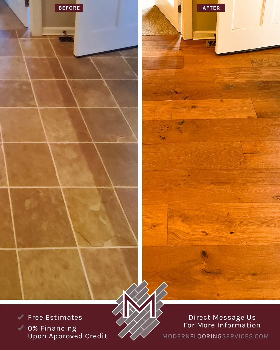 Before and After. Virginia Mill Works Winchester Oak Engineered Hardwood Flooring.