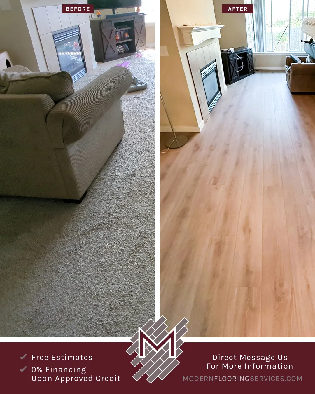 Before and After. Lake Lager Oak Waterproof Hybrid Resilient Professional Flooring Installation By Modern Flooring Services.