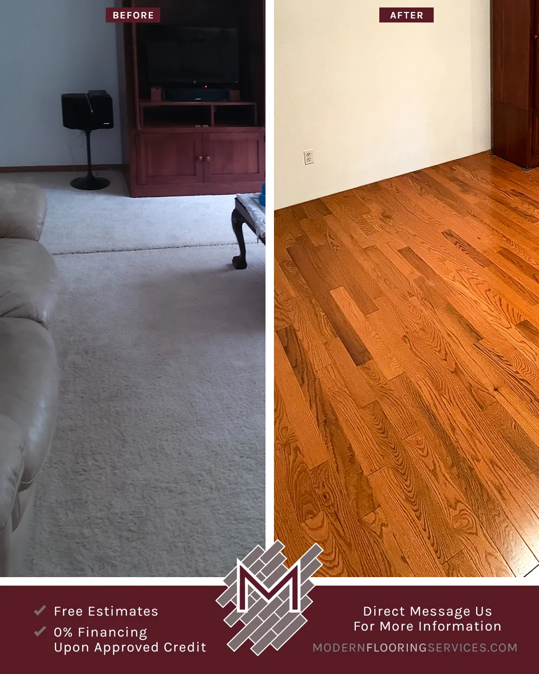 Before and After. Builder's Pride Butterscotch Oak Solid Hardwood Flooring Installation.