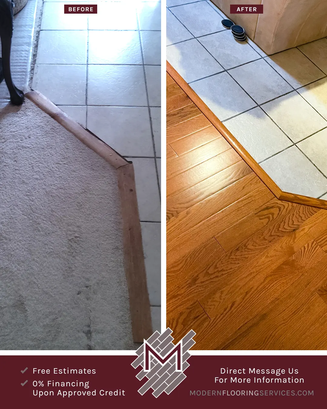 Before and After. Builder's Pride Butterscotch Oak Solid Hardwood Flooring Installation.