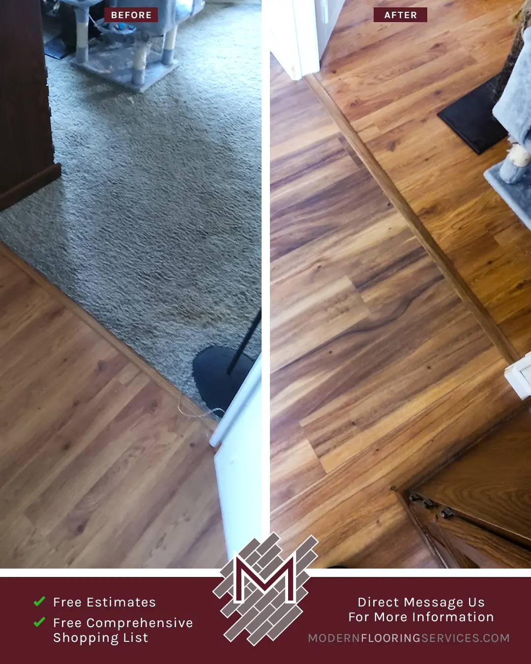 Before and After. Tobacco Road Acacia Laminate Flooring Installation By Modern Flooring Services.