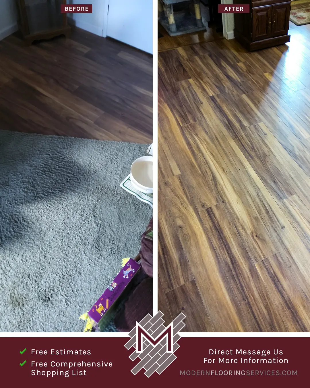 Before and After. Tobacco Road Acacia Laminate Flooring Installation By Modern Flooring Services.
