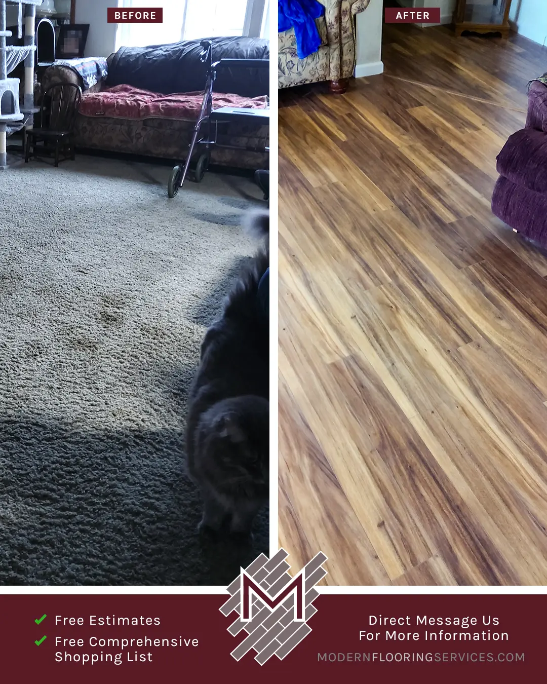 Before and After. Tobacco Road Acacia Laminate Flooring Installation By Modern Flooring Services.