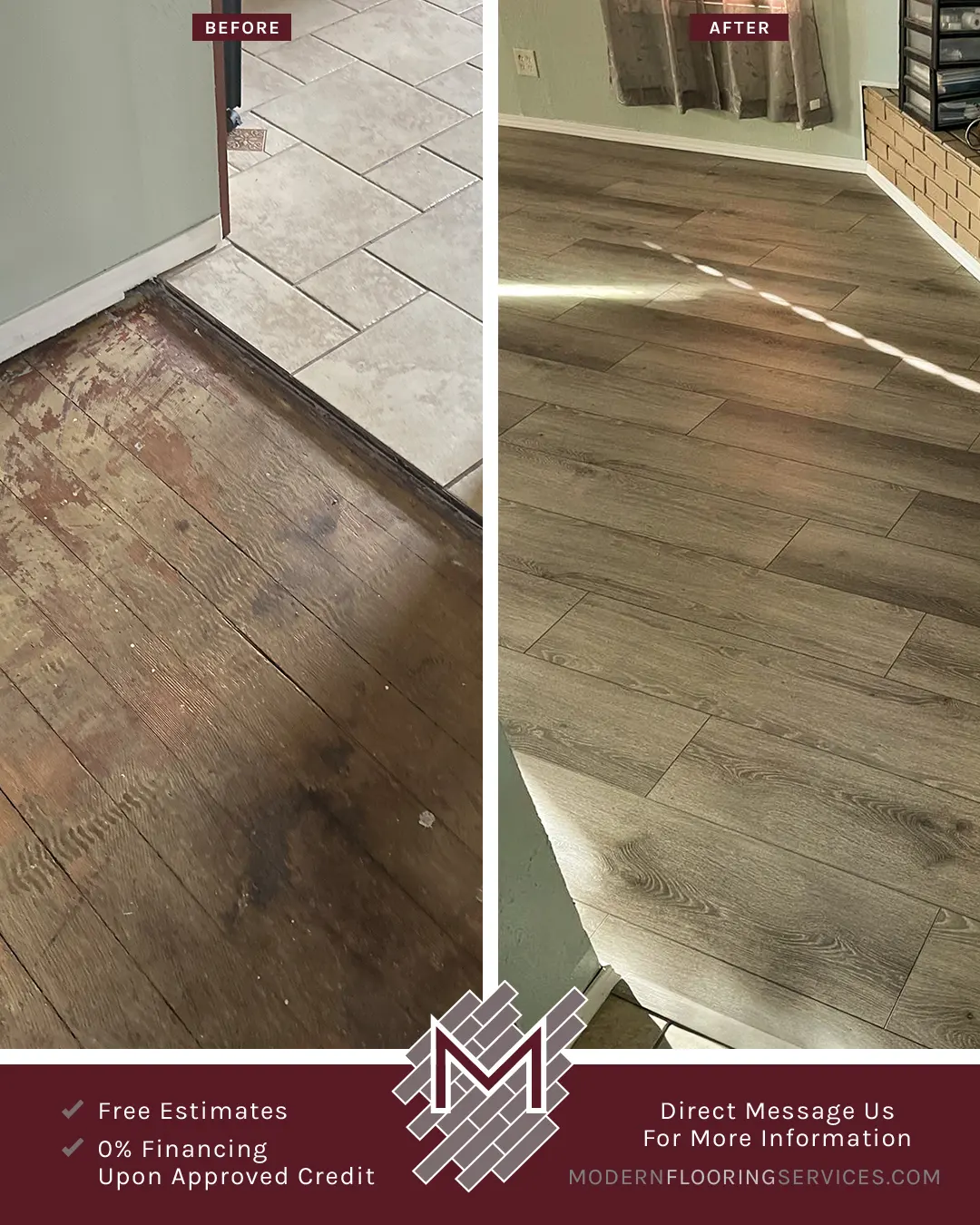Before and After. Luxurious Laminate Flooring Installation By Modern Flooring Services.