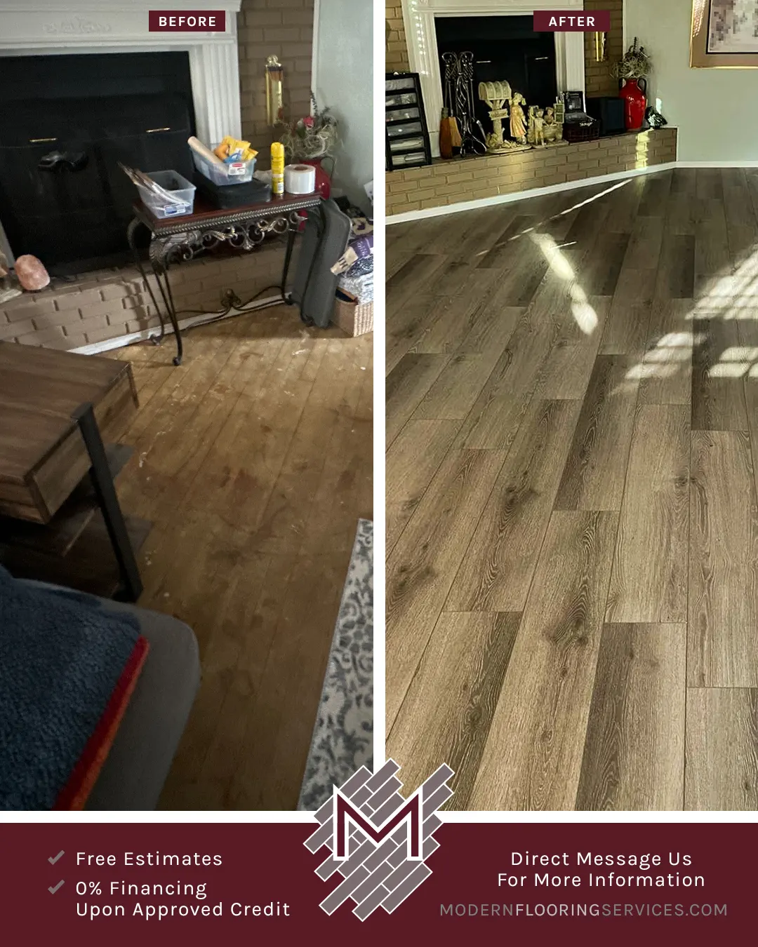 Before and After. Luxurious Laminate Flooring Installation By Modern Flooring Services.