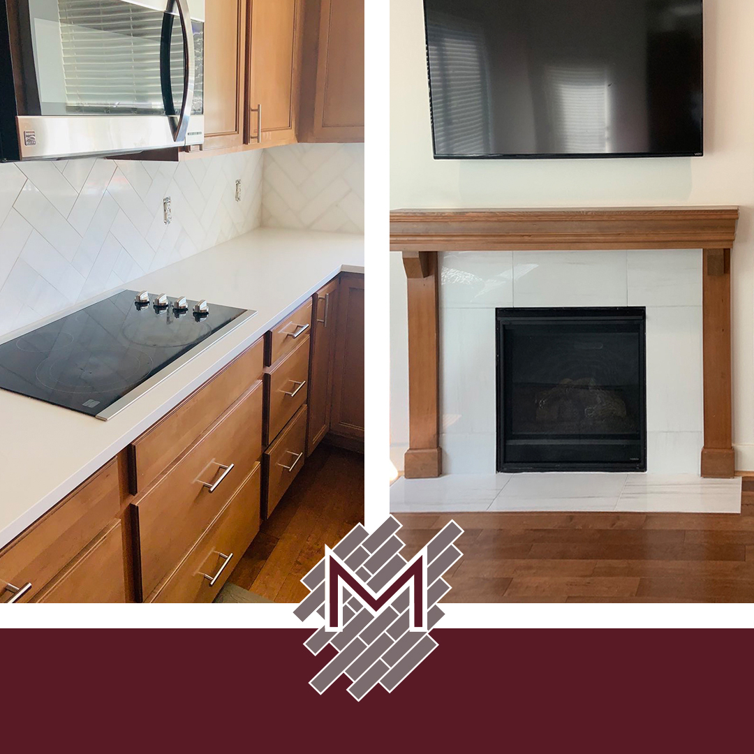 Herringbone backsplash tile and fireplace