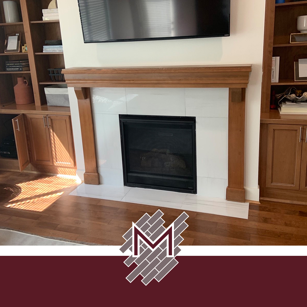 Herringbone backsplash tile and fireplace