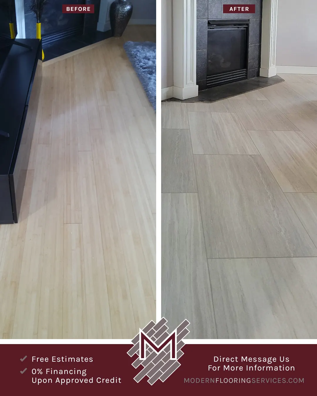 Before and After. Luxury Vinyl Tile Flooring Installation.