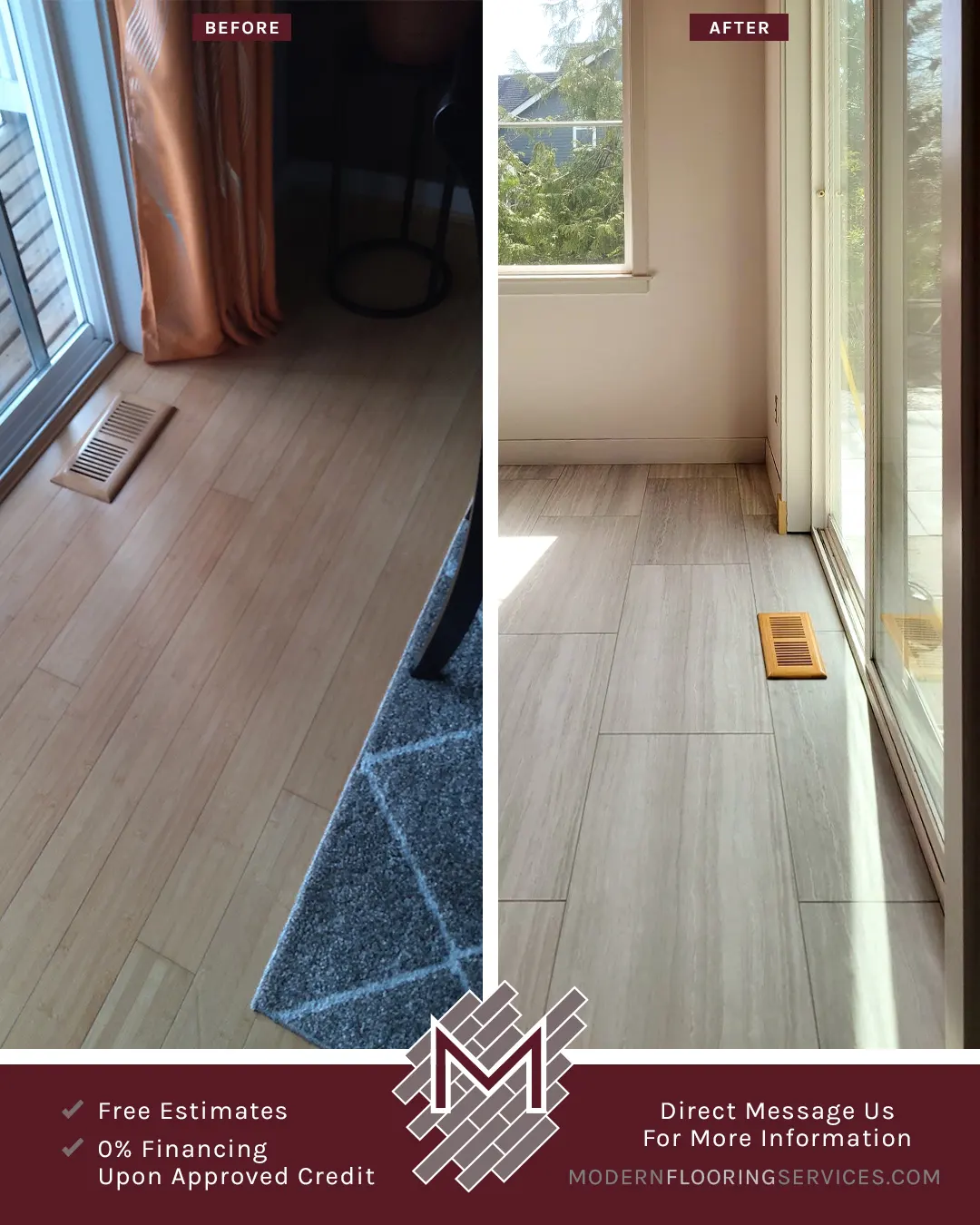 Before and After. Luxury Vinyl Tile Flooring Installation.