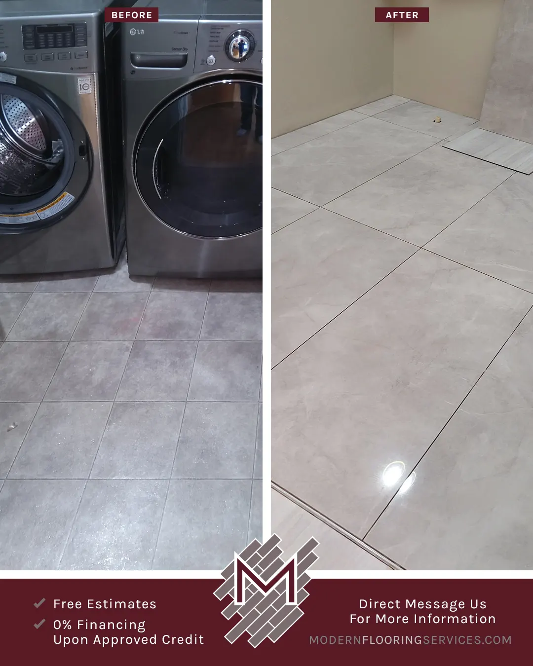 Before and After. Porcelain Tile Flooring Installation.