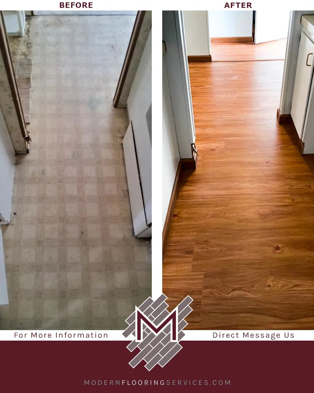 Before and After. Rainier Cherry Rigid Vinyl Plank Flooring Installation