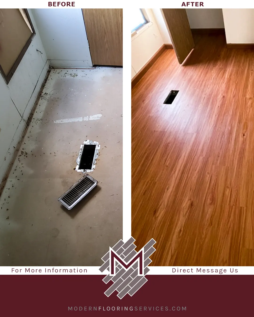 Before and After. Rainier Cherry Rigid Vinyl Plank Flooring Installation
