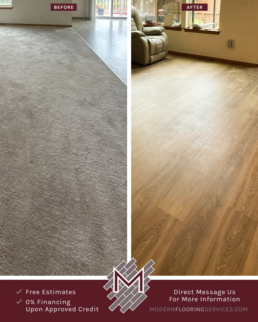 Before and After. Click Vinyl EVP Flooring Installation By Modern Flooring Services.