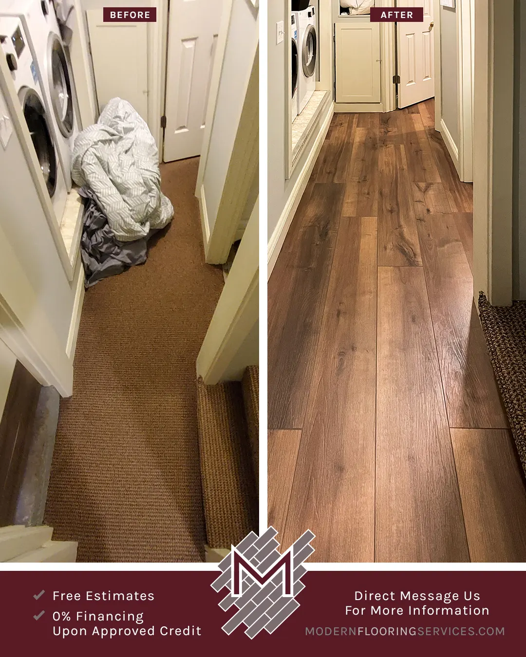 Before and After. CoreLuxe XD Cannes Maple Waterproof Rigid Vinyl Plank Flooring Installation.