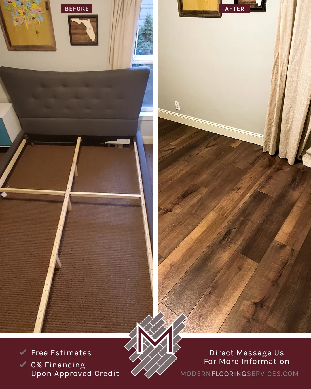 Before and After. CoreLuxe XD Cannes Maple Waterproof Rigid Vinyl Plank Flooring Installation.