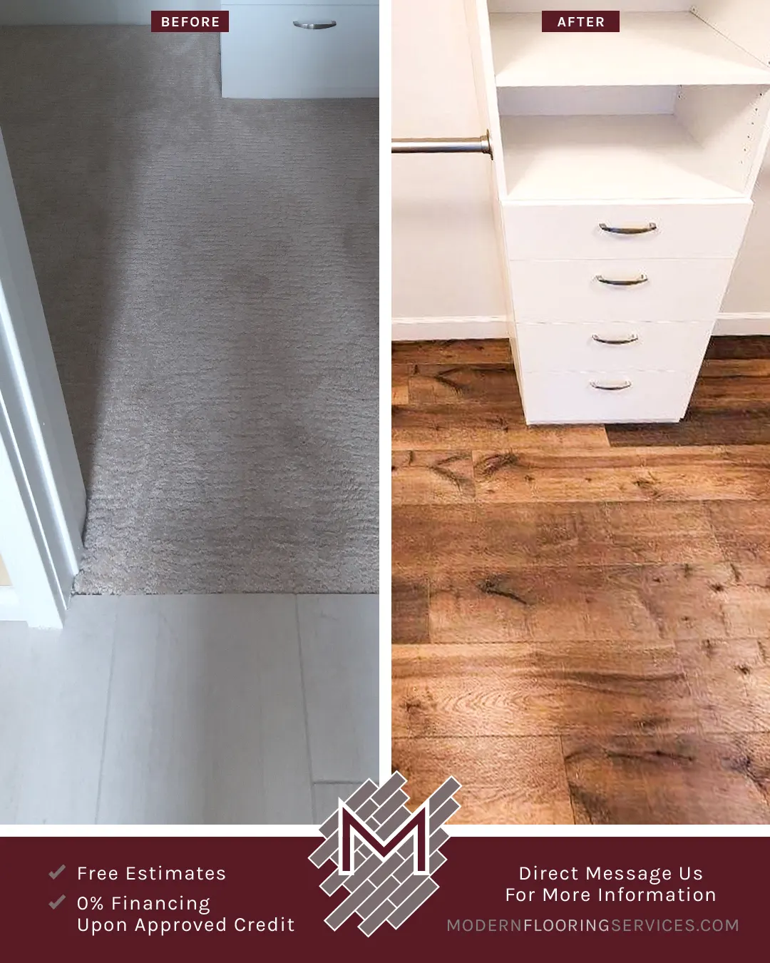 Before and After. Click Vinyl EVP Flooring Installation By Modern Flooring Services.