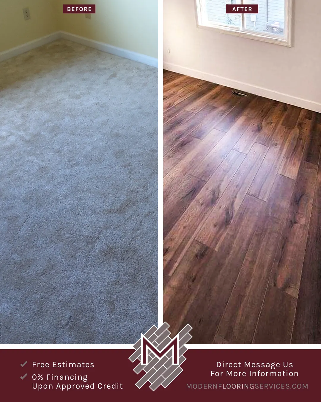 Before and After. Click Vinyl EVP Flooring Installation By Modern Flooring Services.