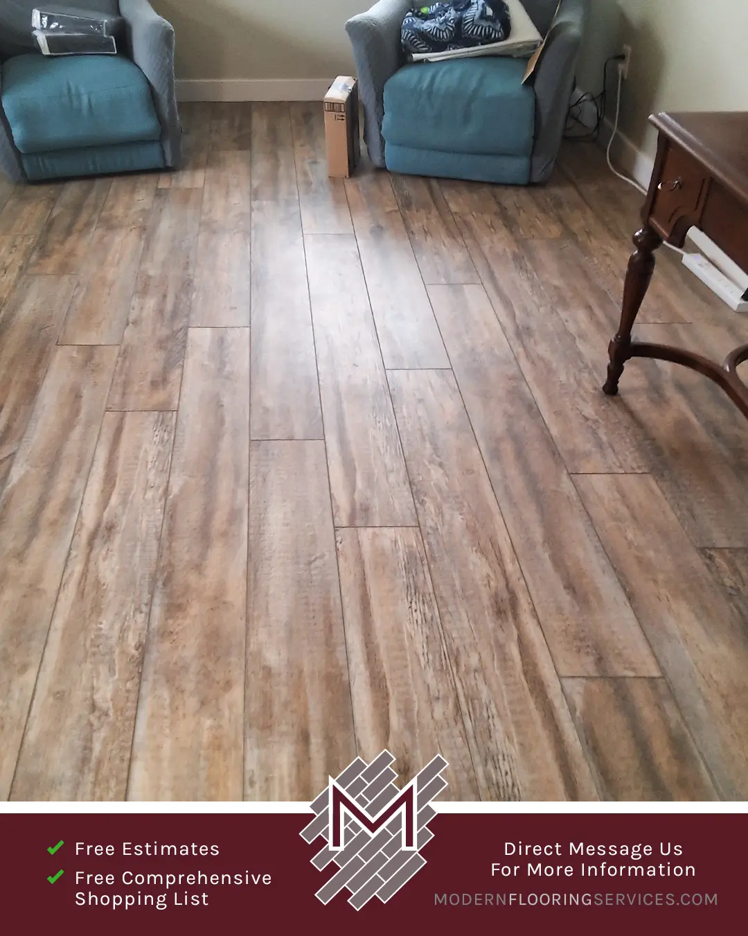 Wagon Wheel Oak Waterproof Rigid Vinyl Plank Flooring Installation By Modern Flooring Services.