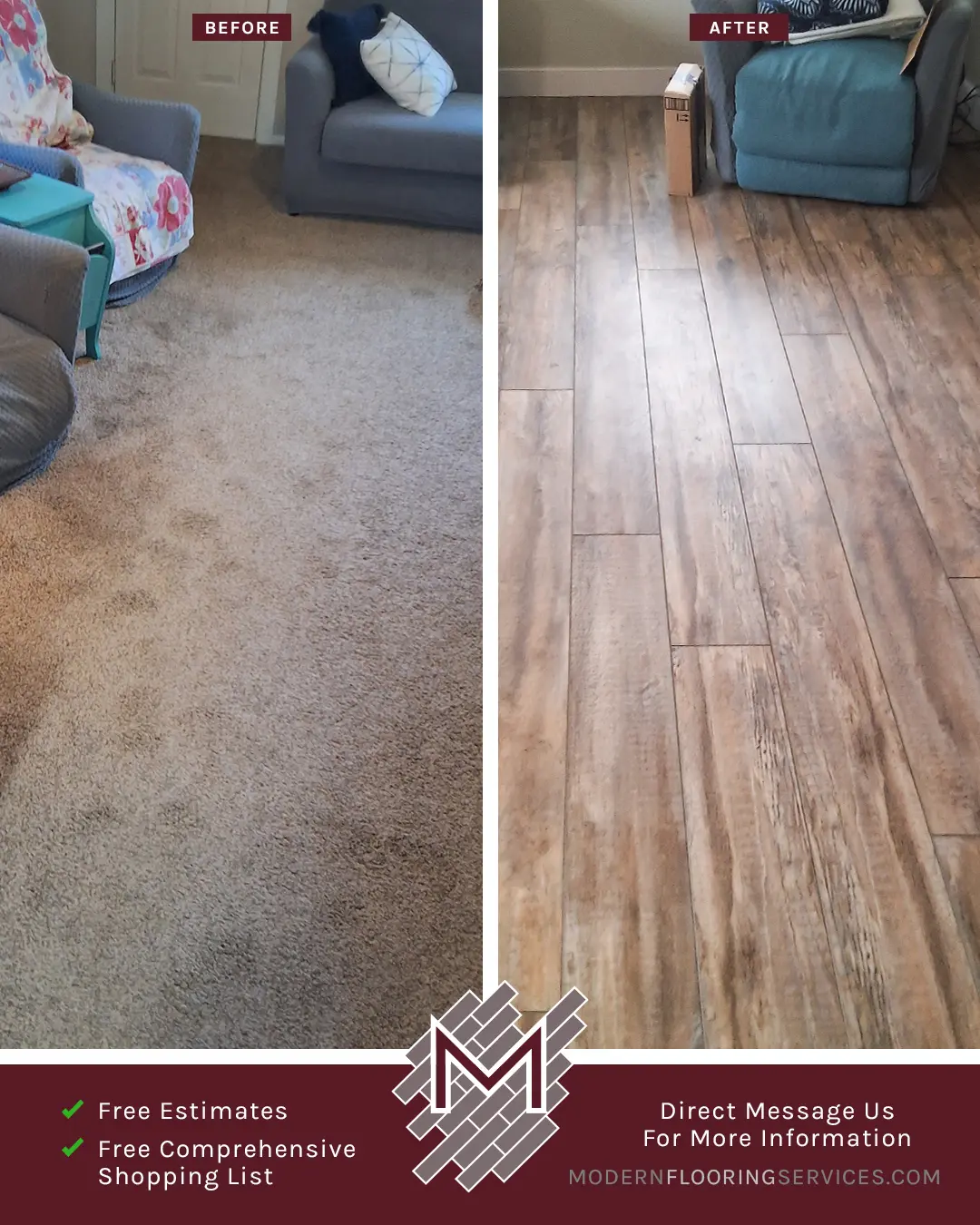 Before and After. Wagon Wheel Oak Waterproof Rigid Vinyl Plank Flooring Installation By Modern Flooring Services.