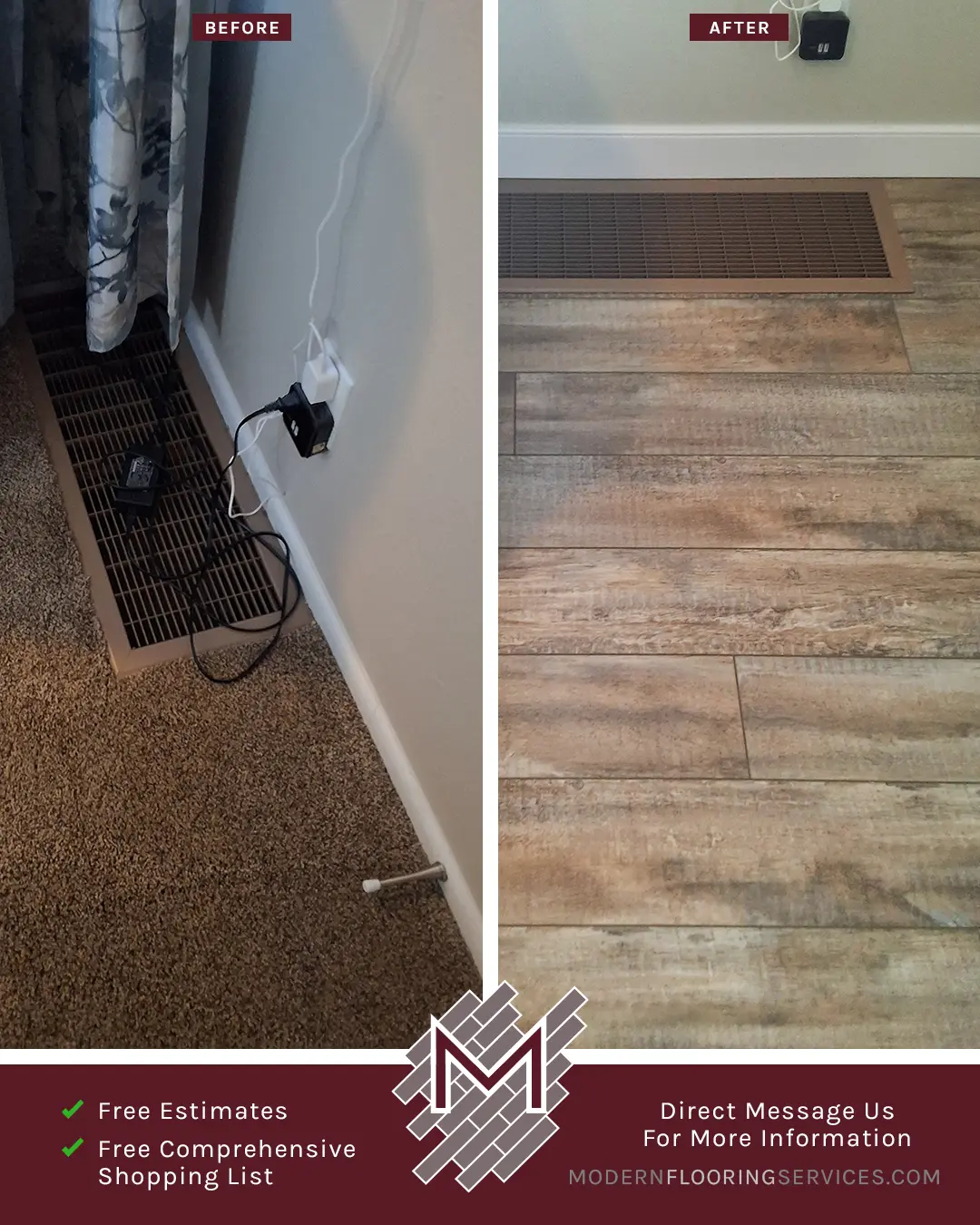 Before and After. Wagon Wheel Oak Waterproof Rigid Vinyl Plank Flooring Installation By Modern Flooring Services.