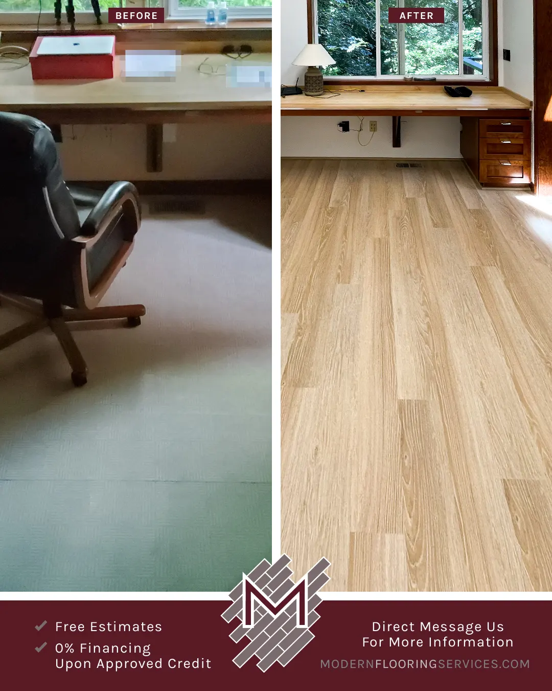 Before and After. Dream Home Office New Milner Pass Oak Waterproof Rigid Vinyl Plank Flooring Installation By Modern Flooring Services.