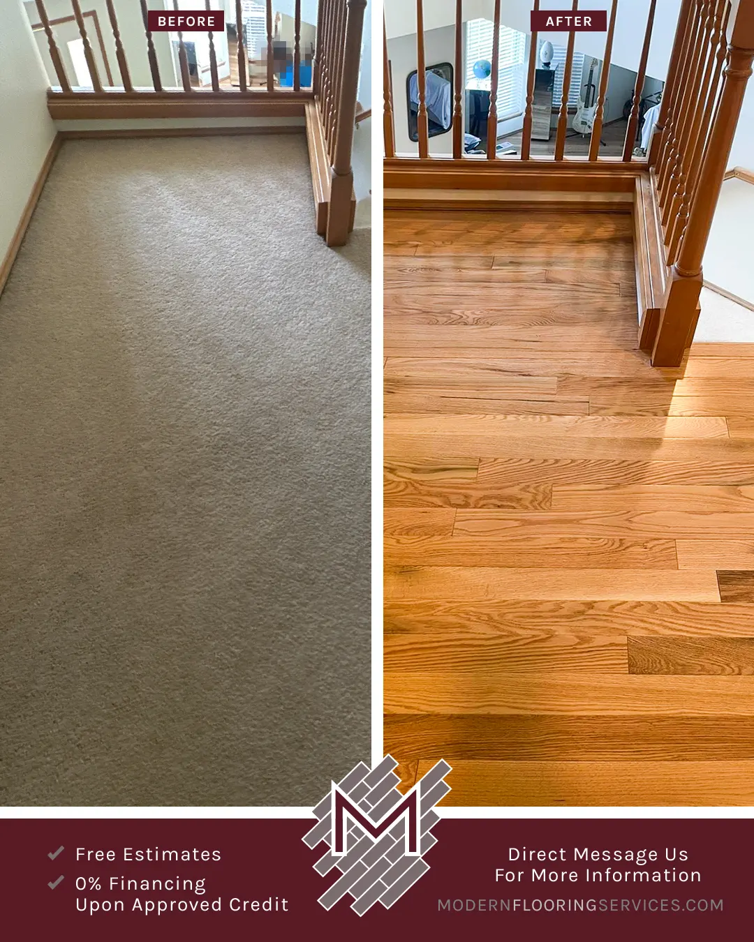 Before and After. Red Oak Hardwood Flooring Installation By Modern Flooring Services.