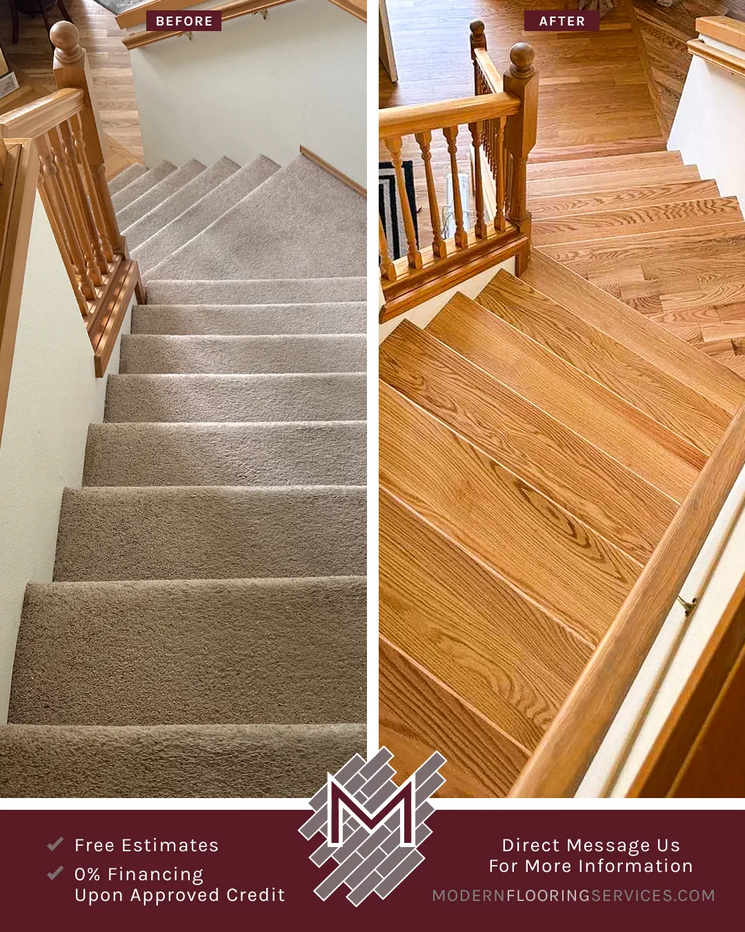 Before and After. Red Oak Hardwood Flooring Installation By Modern Flooring Services.