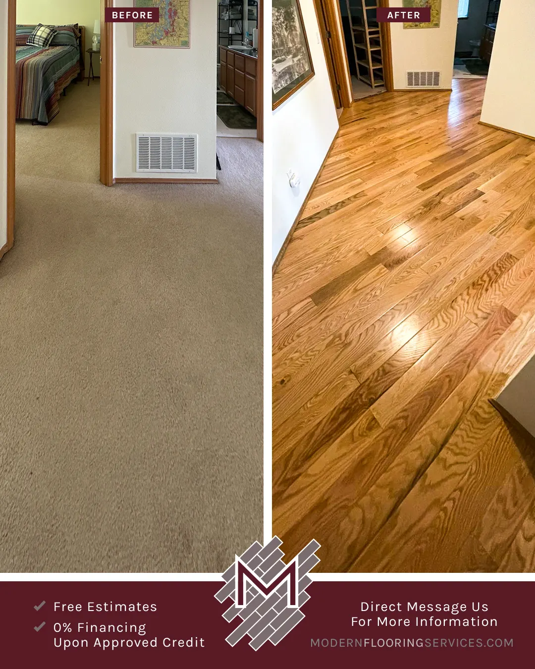 Before and After. Red Oak Hardwood Flooring Installation By Modern Flooring Services.