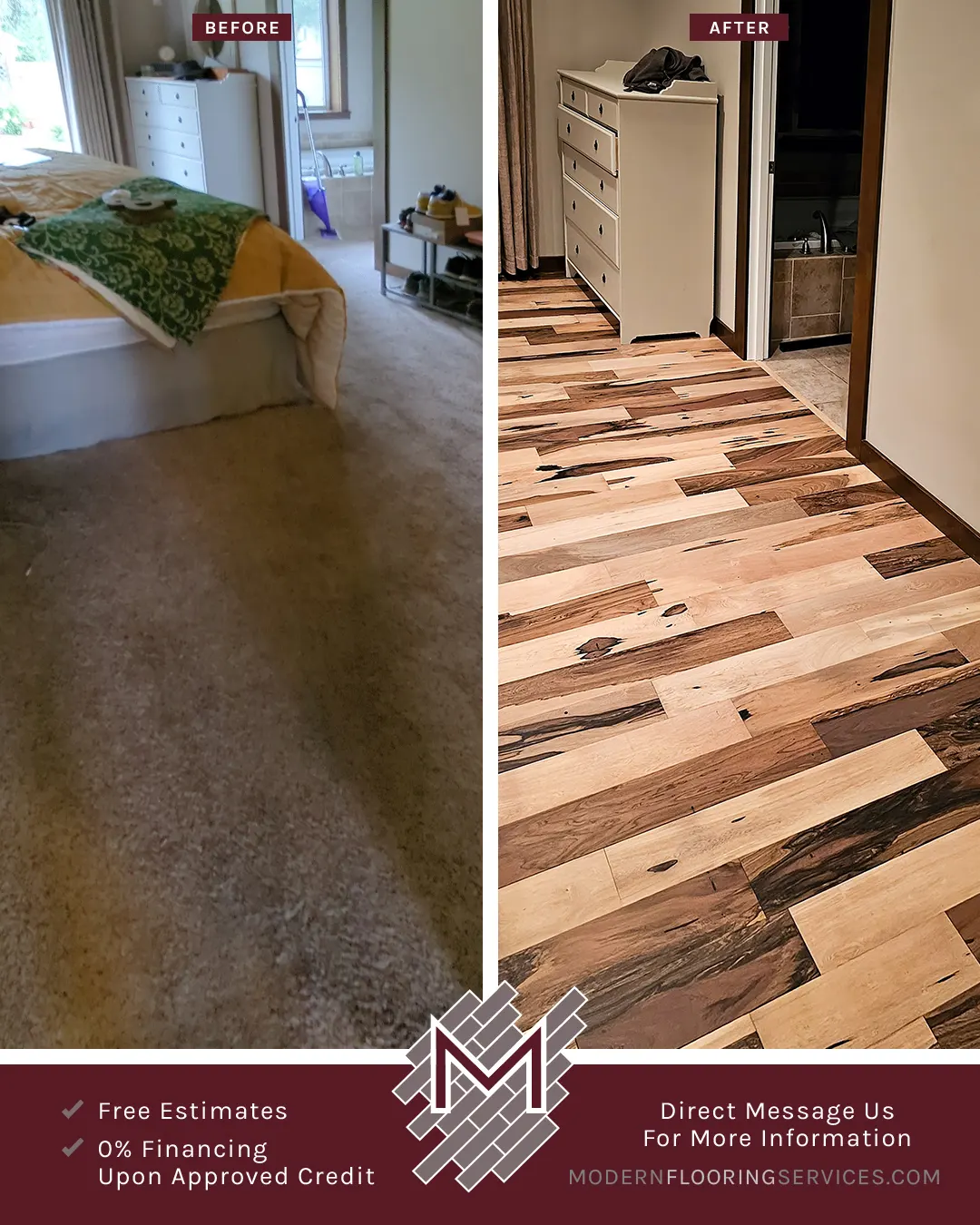 Before and After. Brazilian Pecan Natural Solid Hardwood Flooring Installation By Modern Flooring Services.
