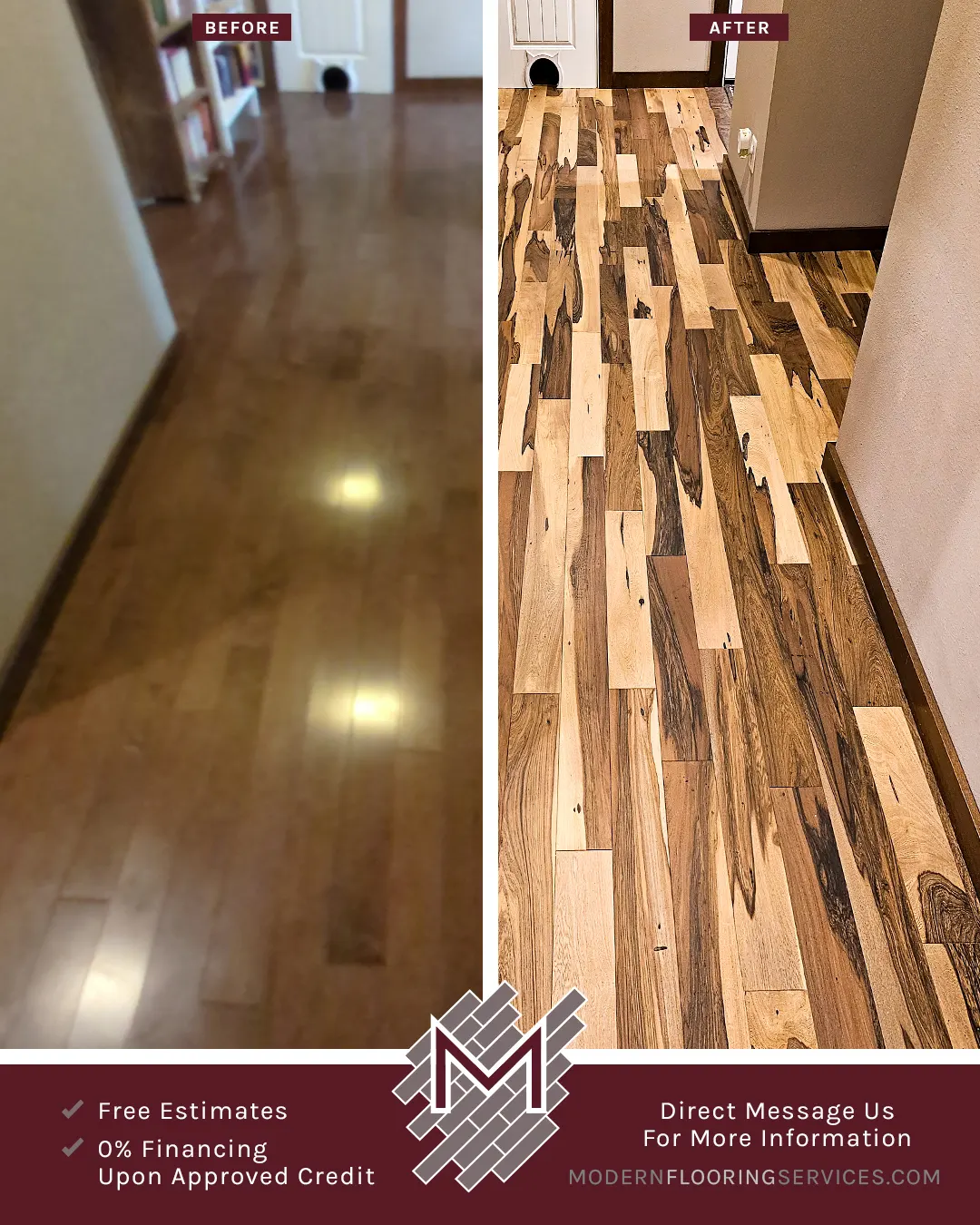 Before and After. Brazilian Pecan Natural Solid Hardwood Flooring Installation By Modern Flooring Services.